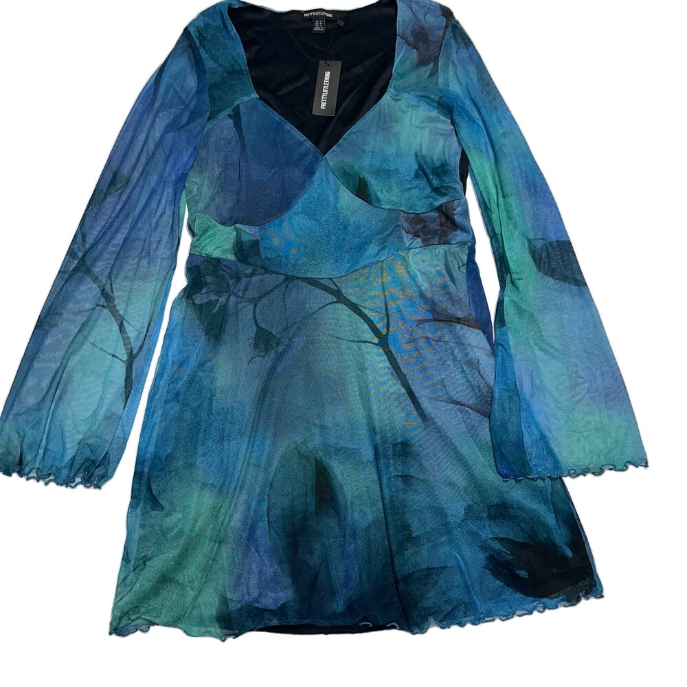 NWT PrettyLittleThing Blue Floral Mesh Underbust Shift Dress Size 12 Y2K